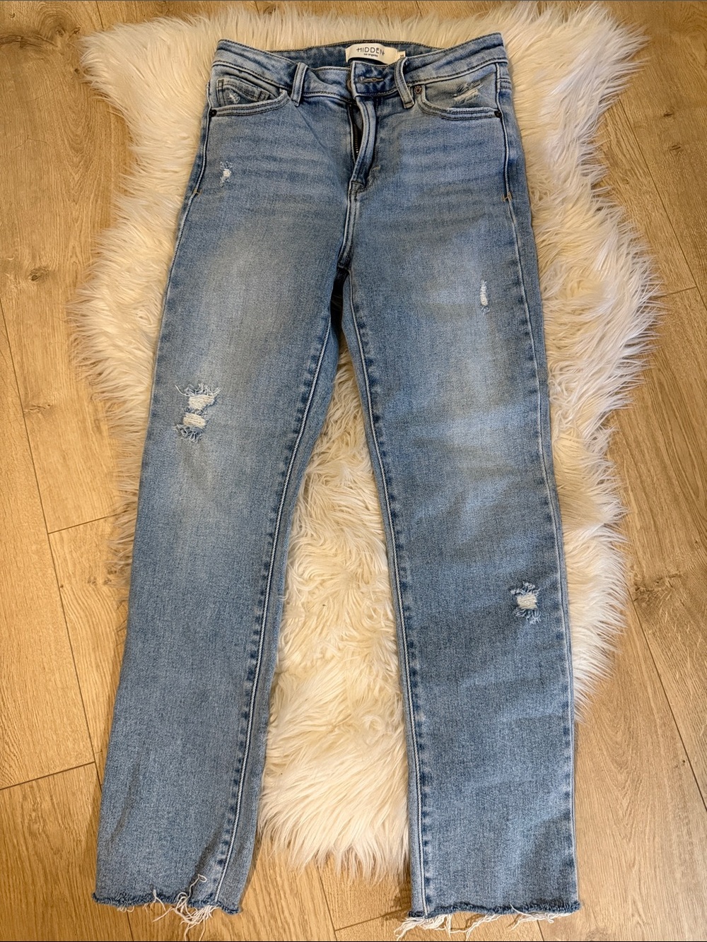 Women's Straight Leg Distressed Light Blue Jeans